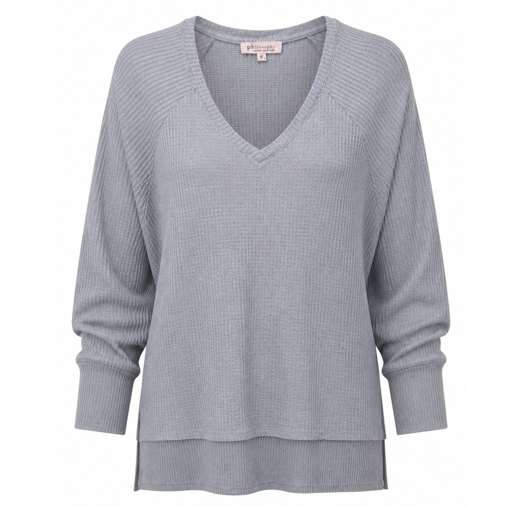 Philosophy Woman V-Neck Waffle Knit Tiered Top 2X Blue Gray Casual Cozy